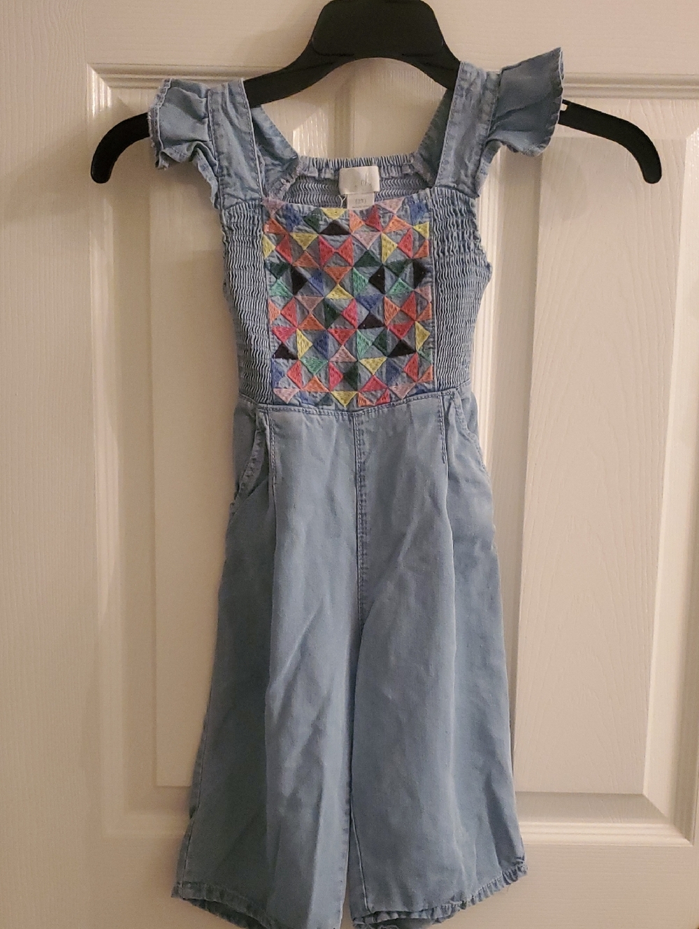 Peek Denim Girls' Smocked Jumpsuit with Multicolor Embroidered Front